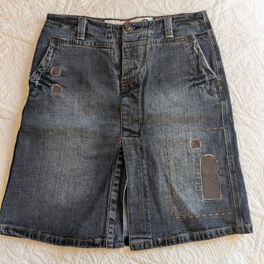 Denim skirt w Leather details- Made in Italy Size Small